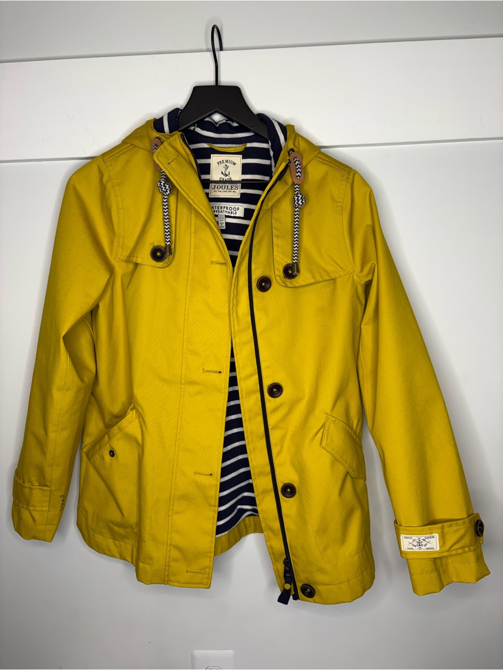 Joules Yellow “Right as Rain” Hooded Rain Jacket with Striped Lining charming